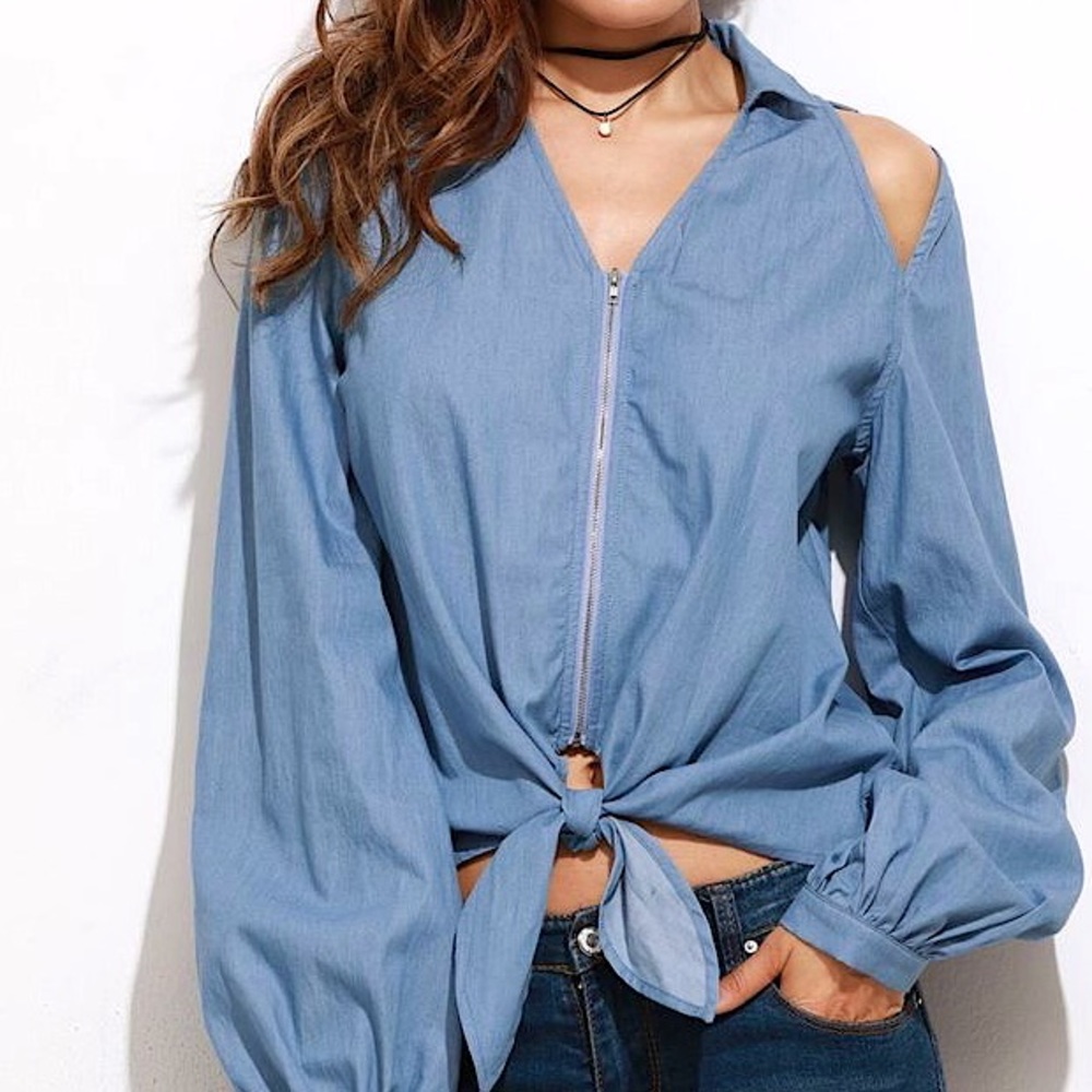 bebe Blue Chambray Long Sleeve Top with Zip & Tie Front